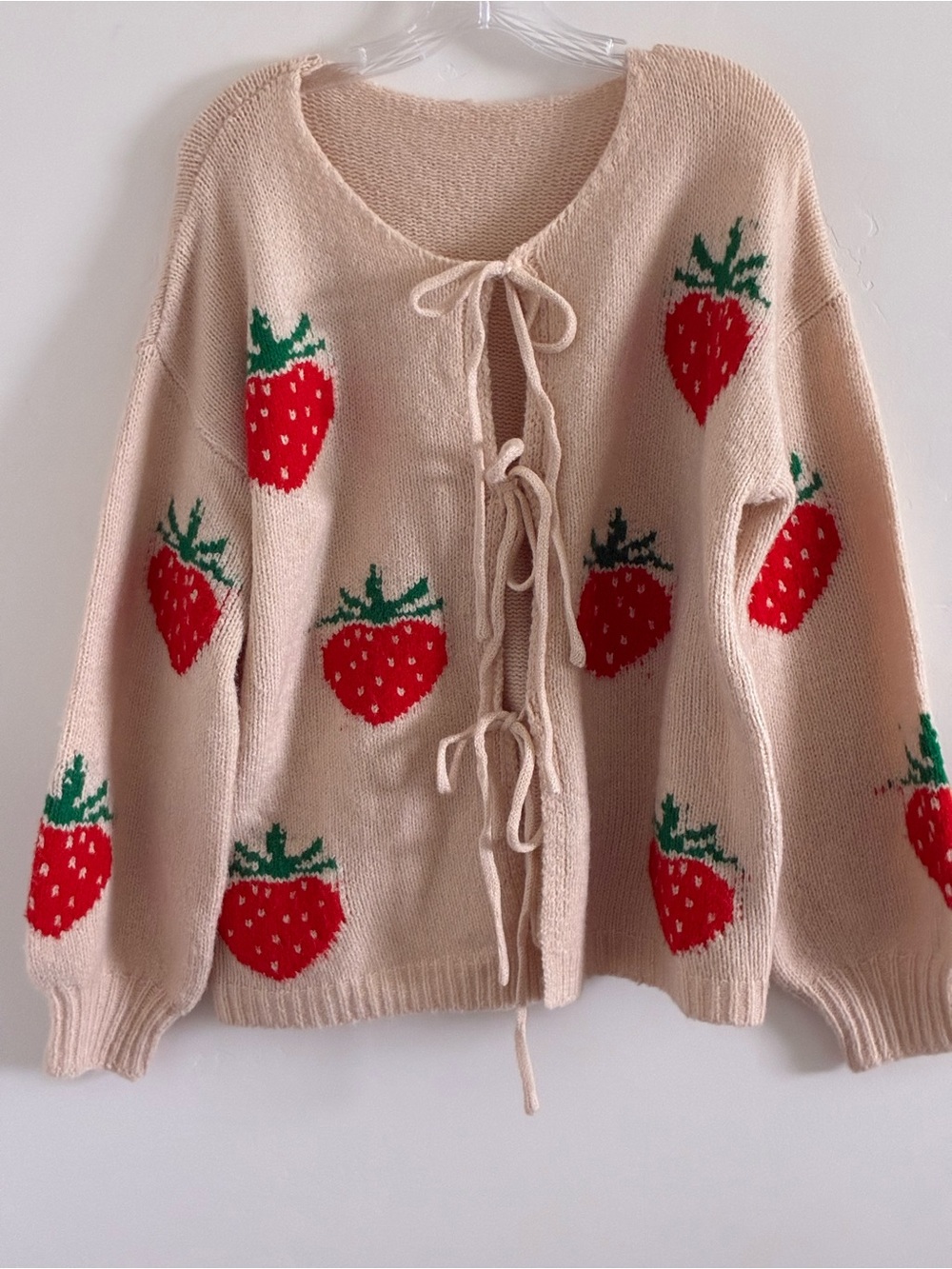 SHEIN Beige Knit Cardigan with Red Strawberry Motif